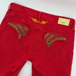 Robins Jean Red Studded Embellished Wing Pocket Jeans Mens Size 34